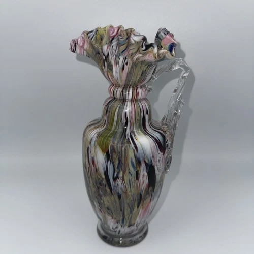 Vtg Murano Glass 7.75” Cruet Pitcher Handled Vase Multi-color Swirl Ruffled Edge