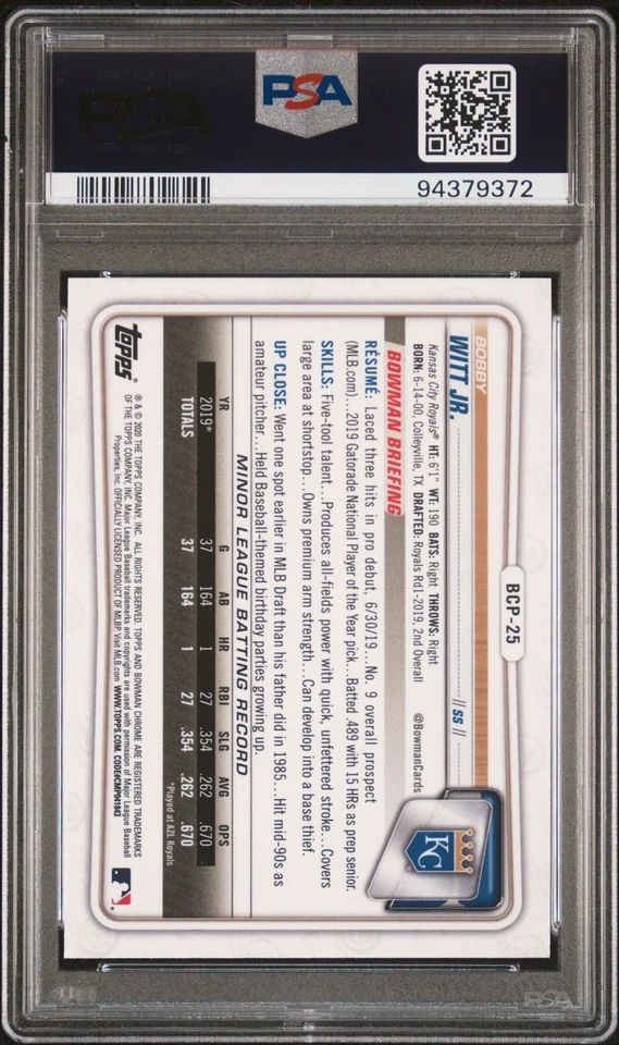 BOBBY WITT JR 2020 1st BOWMAN Chrome SAPPHIRE Edition BCP-25 PSA 10 - Image 2 of 3