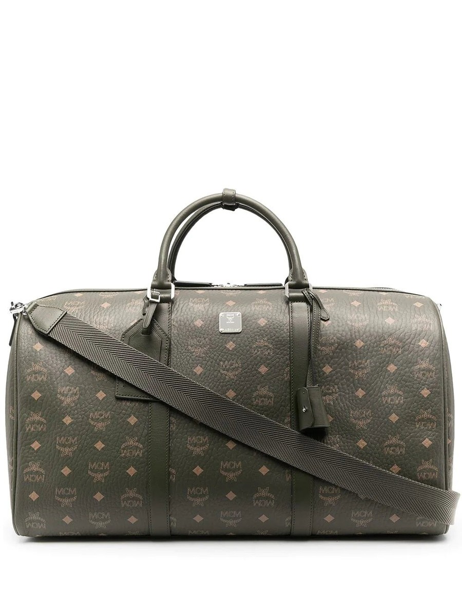 MCM Traveler Monogram Logo Printed Duffle Bag Green Zip Large
