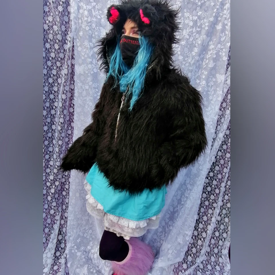 Black Faux Fur Jacket with T eady Bear Ears Size 12-14 Medium Coat Hoodie - Image 4 of 4