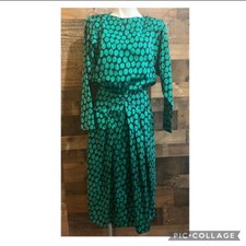 Vintage Polka Dot Green Black Midi Blouson Dress Business Party Retro Size 8