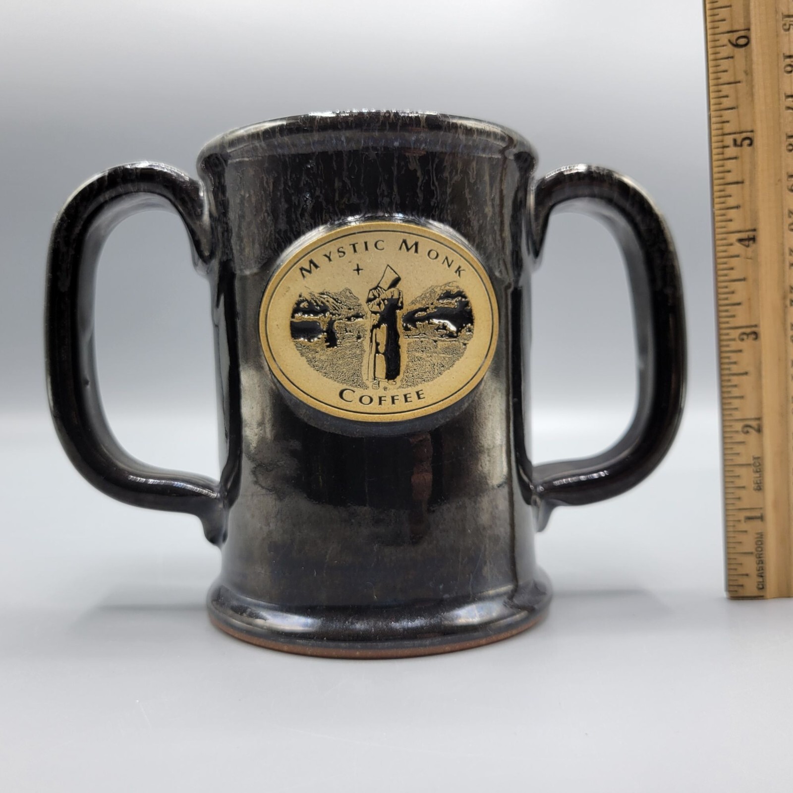 Sunset Hill Stoneware Mystic Monk Coffee Tea Mug Cup Dual Handles Black Drip