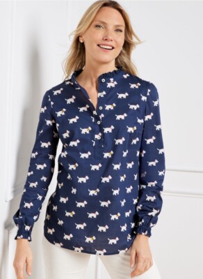 Talbots Blouse Top Navy Ruffle Neck Normcore Scottie Dogs Size Large Career