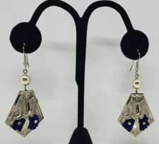 Cowboy Cowgirl Boots Pierced Earrings 2.5" Long Silver Tone Blue Beaded Dangle