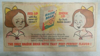 Post's Cereal Ad: Post's Raisin Bran Cereal from 1950's Size: 7.5  x 15 inches