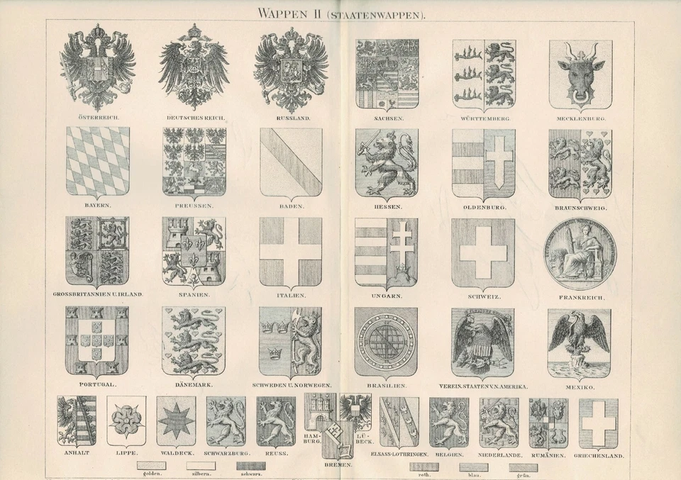 Tafel Heraldik: WAPPEN / STAATENWAPPEN Original-Holzstich 1890 - Bild 1 von 1