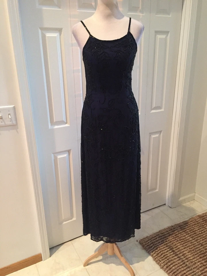 Caché Fuertes Cuentas Azul/Negro Tirantes Espalda Formal Pura Seda L Foto 2 de 4