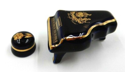 LIMOGES CASTEL COBALT BLUE & 22K GOLD DOLLHOUSE MINIATURE PIANO & OTTOMAN