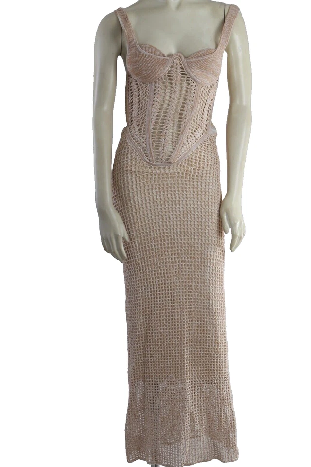 Maxi Vestido Largo Dion Lee Marle Beige Tejido Corsé Crochet Talla 4 Foto 3 de 4
