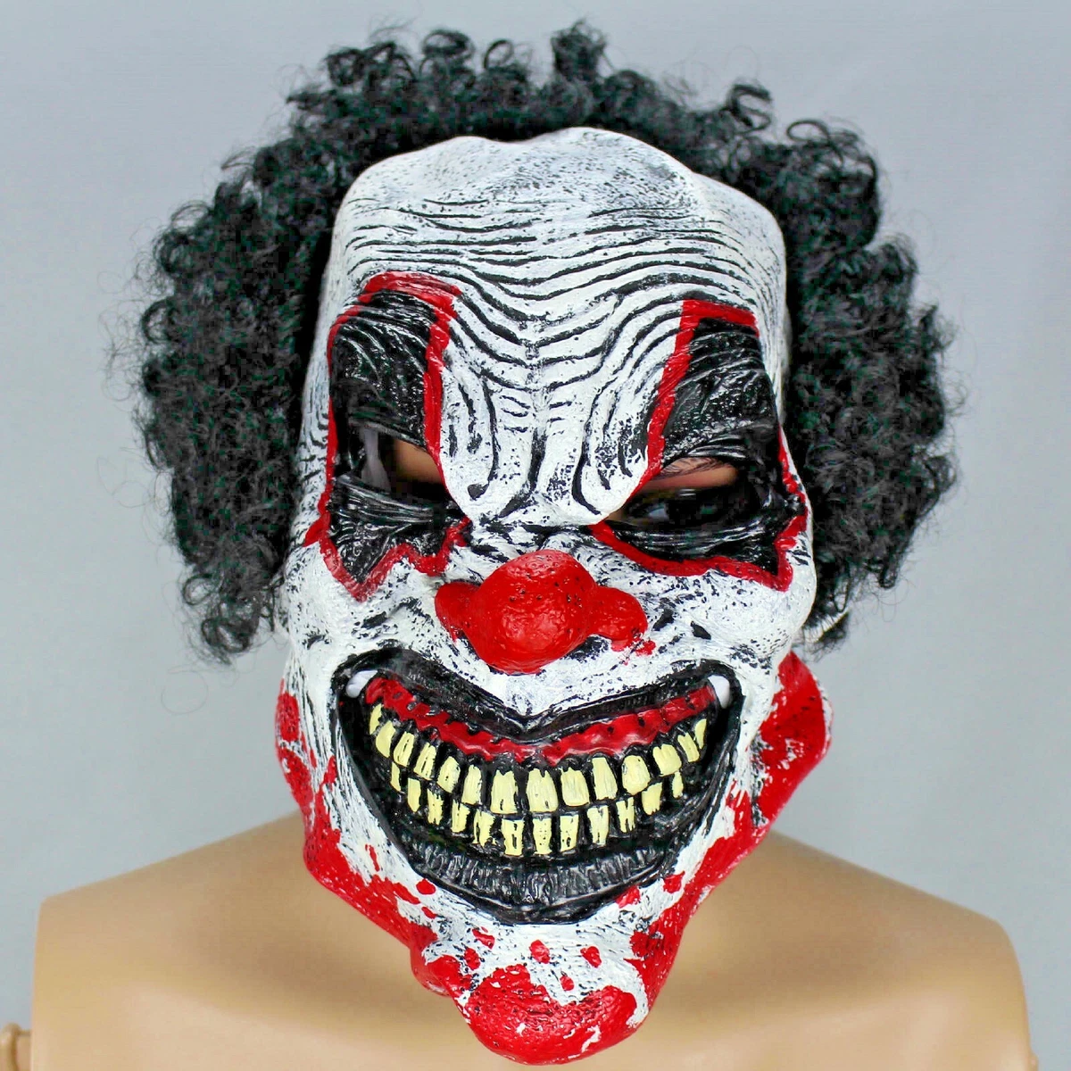 Scary Clown Halloween Mask Black Curly Hair Creepy White Face Big Teeth Red  Nose | eBay