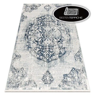 Modern Elegant Teppich DISTIN mit Fransen Ornament marineblau / blau / weiß