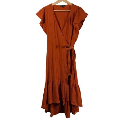 Drew Women's Ruffle Tiered V-neck Midi Wrap Dress Rust Orange Size S | eBay
