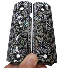 GENUINE PEARL 1911 FULL SIZE GRIPS FOR COLT KIMBER RUGER ROCK BLACK FLOWER ART