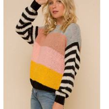 Color Block Loose Knit Striped Sleeve Drop Shoulder Womens Pullover Sweater Med
