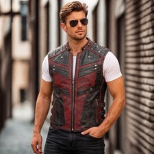 Gothic Leather Vest Black Red Steampunk Vampire Waistcoat Punk Biker Halloween