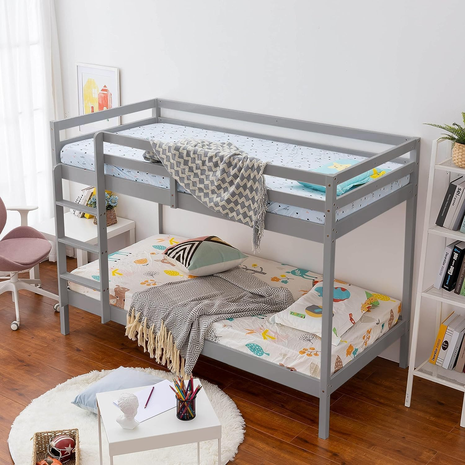 Bunk Bed 3ft Wooden Single Sleeper Kids Children Grey Ladder Storage Solid Woods