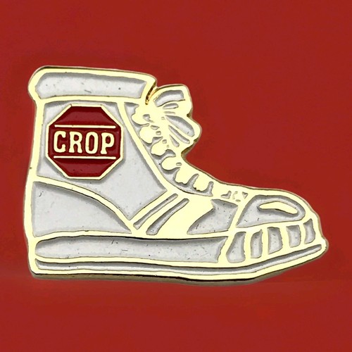 Crop Enamel Pin Brooch Gold Tone Red White Sneaker Shoe Stop Hunger Awareness