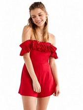 URBAN OUTFITTERS RED OFF SHOULDER RUFFLE ROMPER WOMEN’S US 2 UK 6 CASUAL