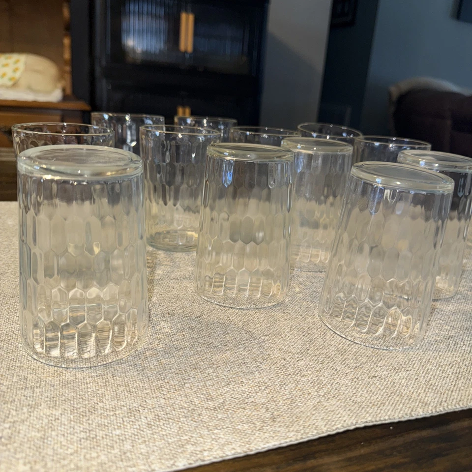 "Juego de 12 vasos de jugo ópticos hexagonales vintage de vidrio transparente de 4""" Foto 4 de 4