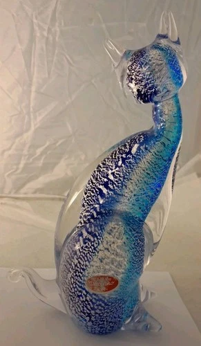 Vintage Murano Art Glass Cat Figurine Blue Silver Sommerso Italy w/ Label 9.25"