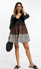 Crochet babydoll mini dress Trim Mixed Animal Print  Zebra/Polka Dot - Sz 8 asos