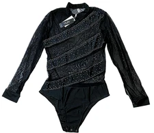 iEFiEL Diagonal Stripe Mesh Bodysuit with Rhinestone Detail, Black, Medium