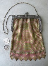 Antique Silver Frame Floral Clasp Pink Tan Enamel Chain Mail Mesh Purse