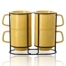 4 Set 13 oz Stackable Coffee Mugs with Rack Porcelain Stacked Cup Light Yellow
