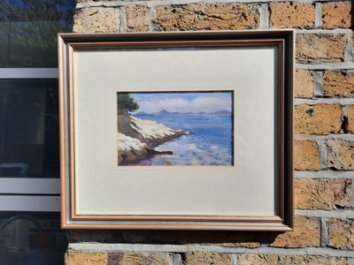 Französische Impressionistische Meereslandschaft, Pastell/Aquarell, atemberaubende Blautöne, signiert