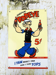 VINTAGE DRINK POPEYE 5c CARTOON SAILOR SODA POP GASOLINE PORCELAIN GAS OIL SIGN