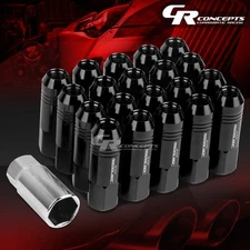 JDM BLACK 20PCS M12X1.5 20MM OD 60MM TALL OPEN END ALUMINUM LUG NUTS+ADAPTER