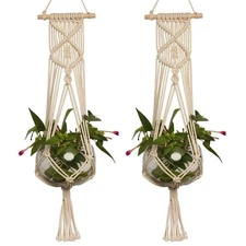Set of 2 Macrame Plant Hanger with Wooden Dowel Wall Hanging Planter Basket