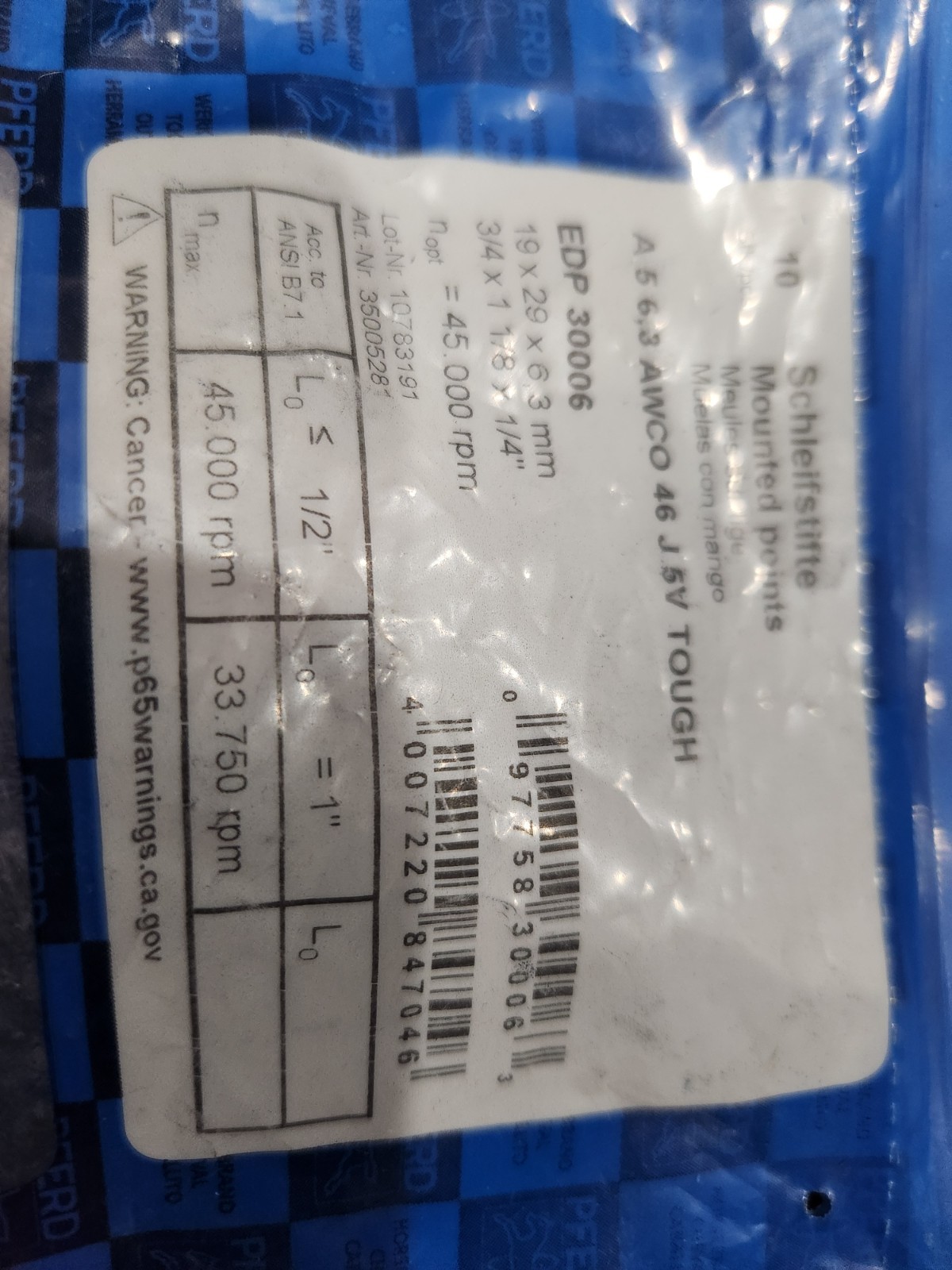 PFERD 30006 Mounted Point, TOUGH, 3/4"x1-1/8,46 Grit,A5,CO,1/4" Shank, 10/BAG