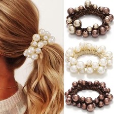 2 Pack Pearl Scrunchie Beaded Hair Ties Decorative Accessory Beige Brown