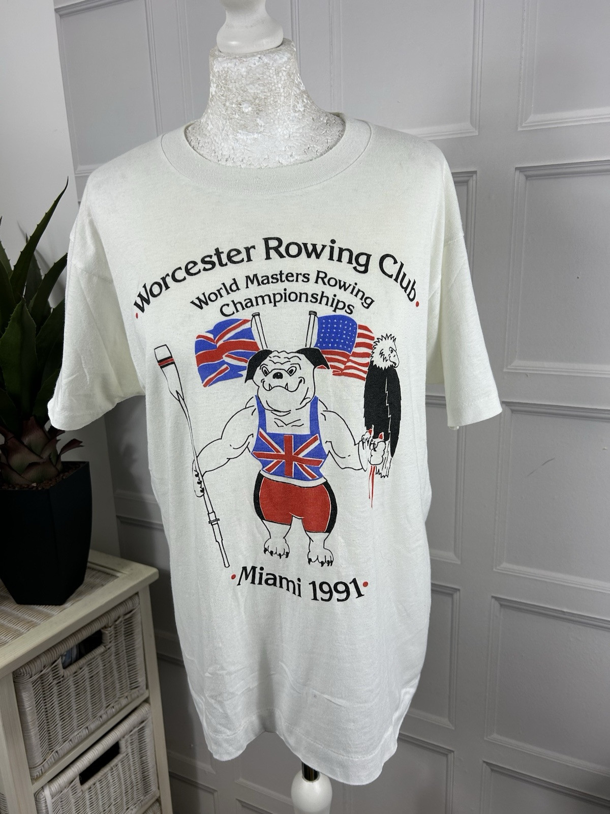 FILA T shirt Worcester Rowing Club Miami 1991 vintage cotone circonferenza petto 36 pollici in bianco