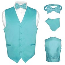Men's Dress Vest BOWTie Hanky TURQUOISE AQUA BLUE Bow Tie Set for Suit or Tuxedo