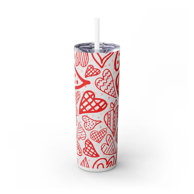 Red Sketch Doodle Hearts Pattern Valentine Love 20oz Skinny Tumbler