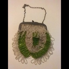 Vintage Art Deco Green and White Micro Beaded Ladies Purse Kiss Closure Flapper