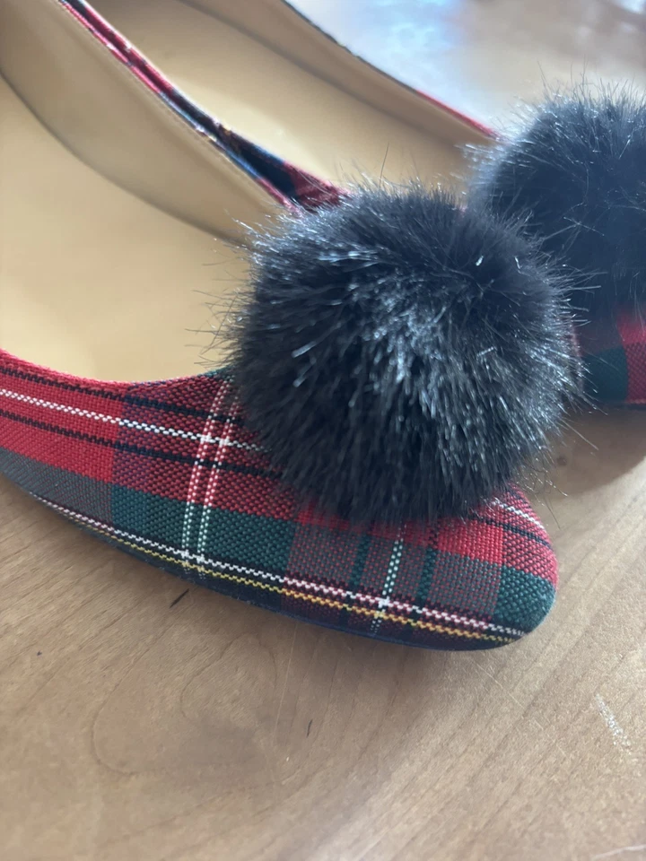 Talbots Tartán Rojo Pop Multi Edison Pom Pom Cuadros Vacaciones Zapatos Planos Talla 8.5 Usados en Excelente Condición Foto 2 de 4