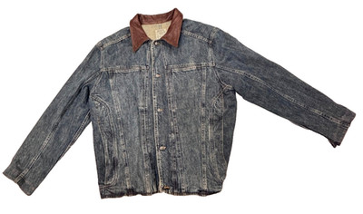 ROBERT COMSTOCK Denim Jean Jacket Blue Leather Collar Men's 2XL XXL Made ITALY