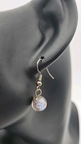 Handmade Glass Bead Dangle Earrings Blue Copper Fleck Hook Drop Artisan Style