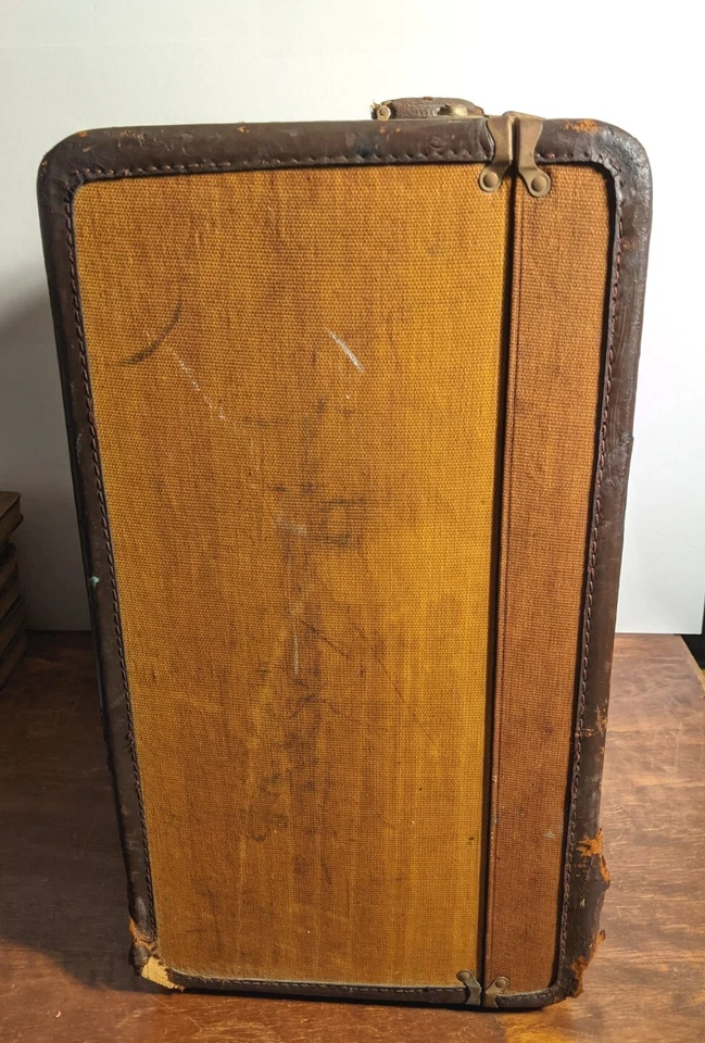 Старинный полосатый ТВИДОВЫЙ ЧЕМОДАН винтажный состаренный жесткий чемодан кожаный край - Изображение 2 из 4