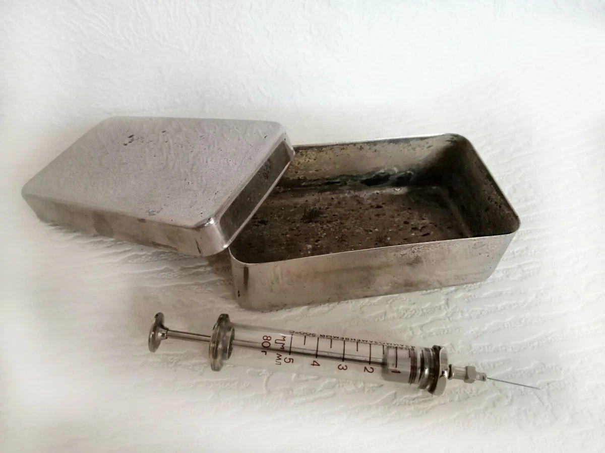 Vintage Medical Set Metal Box Sterilizer and Glass Syringe Medical  container | eBay