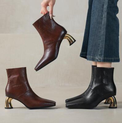 Womens Square Toe Metal Heel Ankle Boot Office Leather Chelsea Boots High Heel