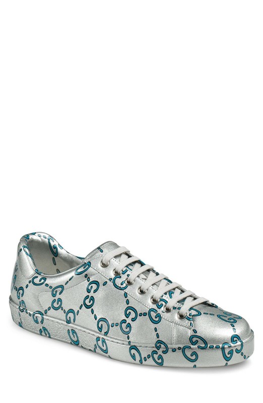 100% AUTHENTIC NEW MEN GUCCI NEW ACE GG COATED SILVER SNEAKERS UK 10/US 11 D