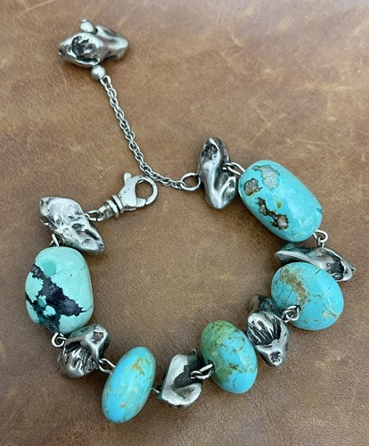 Vtg Silver Nickel Turquoise & Silver Beads Nuggets Turquoise Link Bracelet 7” in - Picture 4 of 12