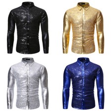 Chemise À Manches Longues Métallique Brillante En Sequins Pour Hommes Slim Fit