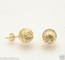 9mm Diamond Cut Satin Finish Ball Stud Earrings Real 14K Yellow Gold Push Back