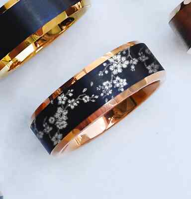 Engraved Lightly Sakura Japanese Cherry Blossom Promise Wedding Band Ring - 8mm