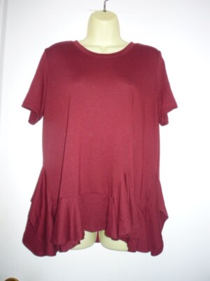 DG2-DIANE GILMAN KNIT TUNIC TOP, sz MED--SHORT SLEEVE--ROUND NECK-RUFFLE-WINE